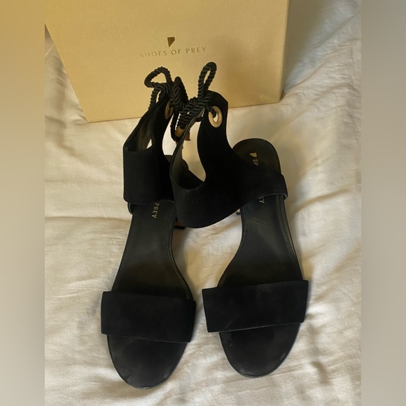 Shoes Of Prey Black Leather Suede Low Block Cork Heel Ankle Ties SZ US 12 Custom - Picture 15 of 15